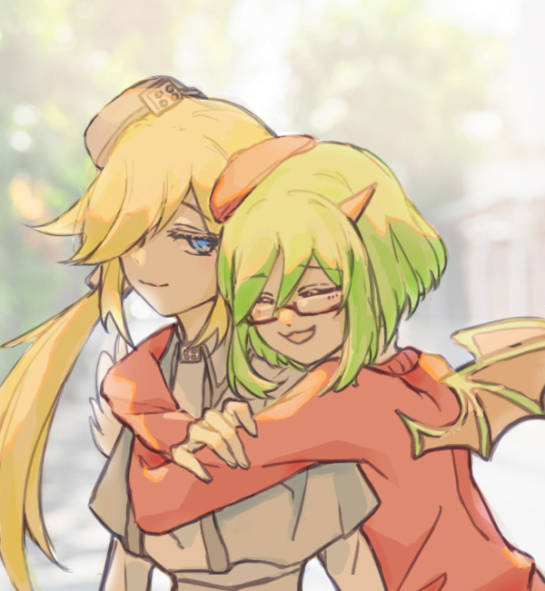 2girls, :3, angel, angel_wings, beret, blonde_hair, blue_eyes, capelet