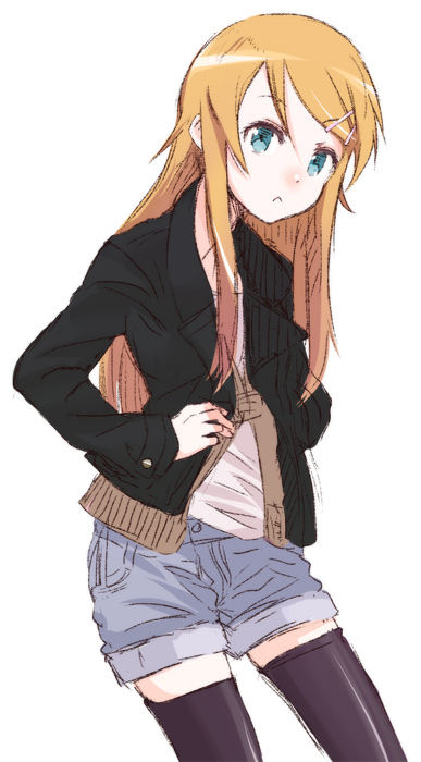akku_lude, blue_eyes, denim, denim_shorts, jacket, kousaka_kirino, long_hair, orange_hair, ore_no_imouto_ga_konna_ni_kawaii_wake_ga_nai, shorts, solo, thighhighs