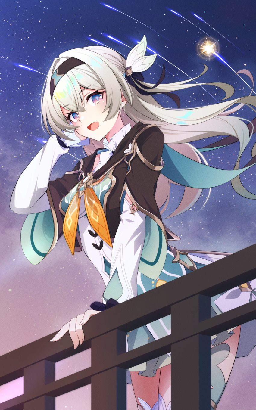 1girl, :d, akizawa, black_jacket, black_ribbon, blue_cape, blue_eyes, blue_pupils