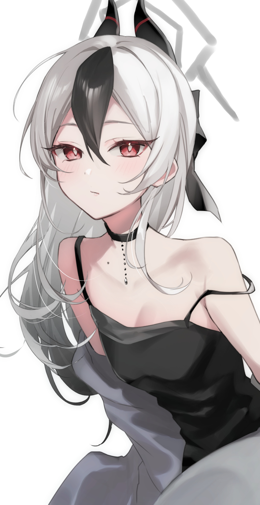 1girl, absurdres, arms_at_sides, bare_shoulders, black_choker, black_hair, black_tank_top, blue_archive