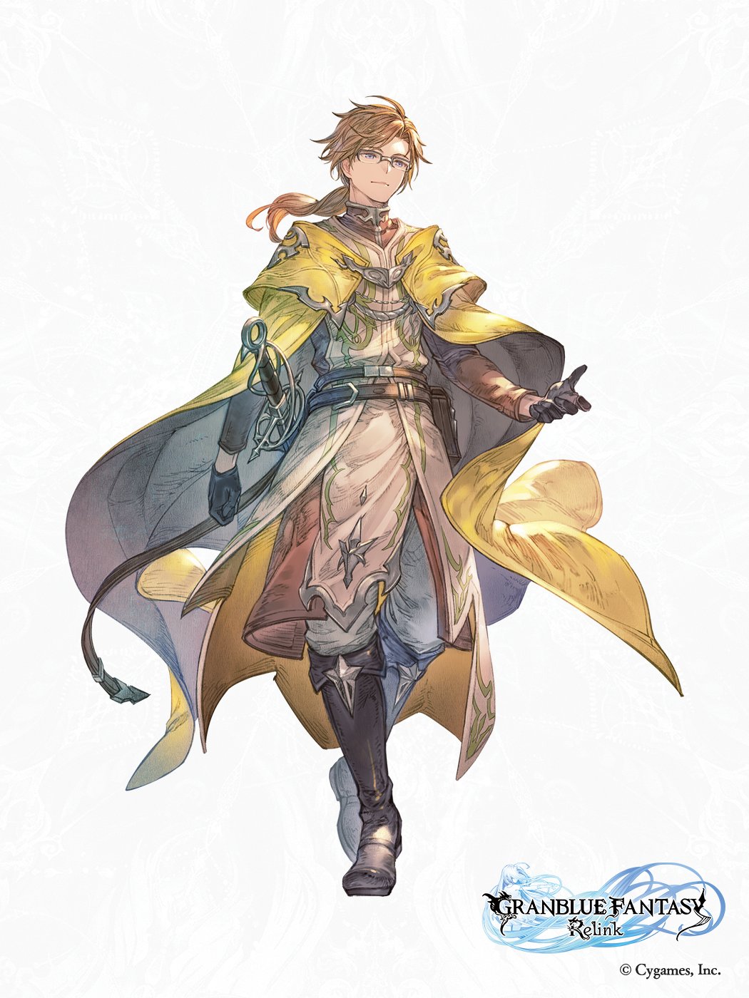 1boy, belt, boots, brown_hair, cape, copyright_name, full_body, glasses, gloves, granblue_fantasy, granblue_fantasy:_relink, highres, logo, long_hair, male_focus, minaba_hideo, official_art, rolan_(granblue_fantasy:_relink), second-party_source, solo, sword, weapon