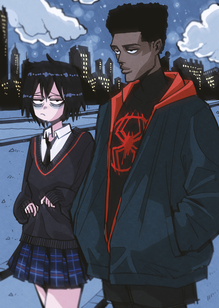 1boy, 1girl, absurdres, bags_under_eyes, black_eyes, black_hair, black_necktie, city, cloud, collared_shirt, dark-skinned_male, dark_skin, frown, hands_in_pockets, hansoom_(latebirdwakeup), highres, marvel, miles_morales, necktie, night, peni_parker, plaid_clothes, plaid_skirt, pleated_skirt, shirt, skirt, spider-man:_into_the_spider-verse, spider-man_(series), spider-verse, sweater, white_shirt