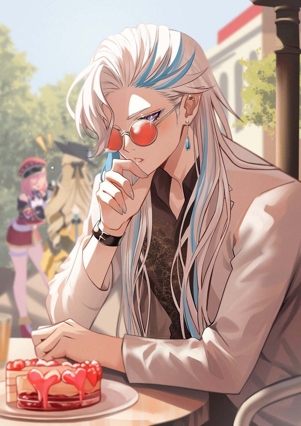 1boy, 2girls, alternate_costume, black_shirt, blue_hair, cake, charlotte_(genshin_impact), desk