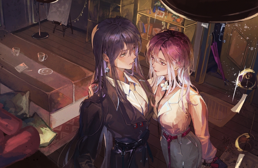 2girls, absurdres, arm_around_shoulder, belt, black_coat, black_hair, box, breasts