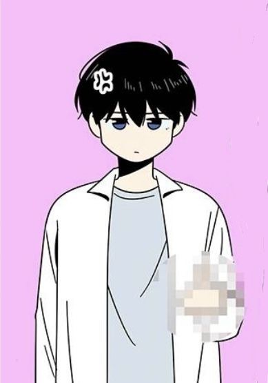 1boy, ahoge, black_hair, blue_eyes, censored, choi_jinyeong, closed_mouth, coat