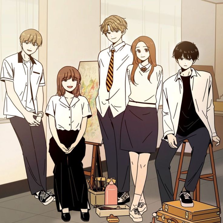 2girls, 3boys, ahoge, black_eyes, black_hair, black_pants, black_skirt, blonde_hair