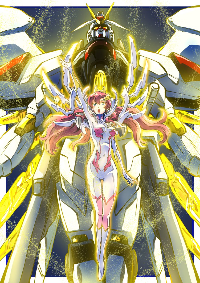 1girl, 1other, alternate_costume, blue_eyes, bodysuit, breasts, gloves, glowing, glowing_eyes, gundam, gundam_seed, gundam_seed_freedom, hair_between_eyes, hair_ornament, highres, lacus_clyne, light_particles, long_hair, mecha, mecha_pilot_suit, mighty_strike_freedom_gundam, mobile_suit, normal_suit_(gundam), official_alternate_costume, open_mouth, pilot_suit, pink_hair, robot, science_fiction, taiga_hiroyuki, v-fin, very_long_hair, weapon, yellow_eyes