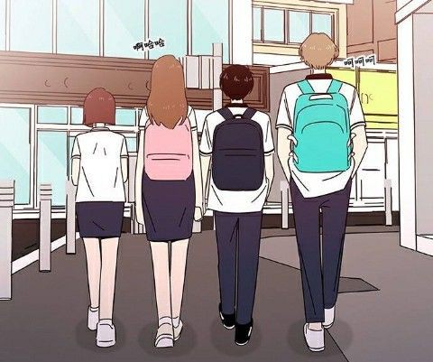 2boys, 2girls, ahoge, bag, black_hair, blonde_hair, blue_eyes, blue_pants