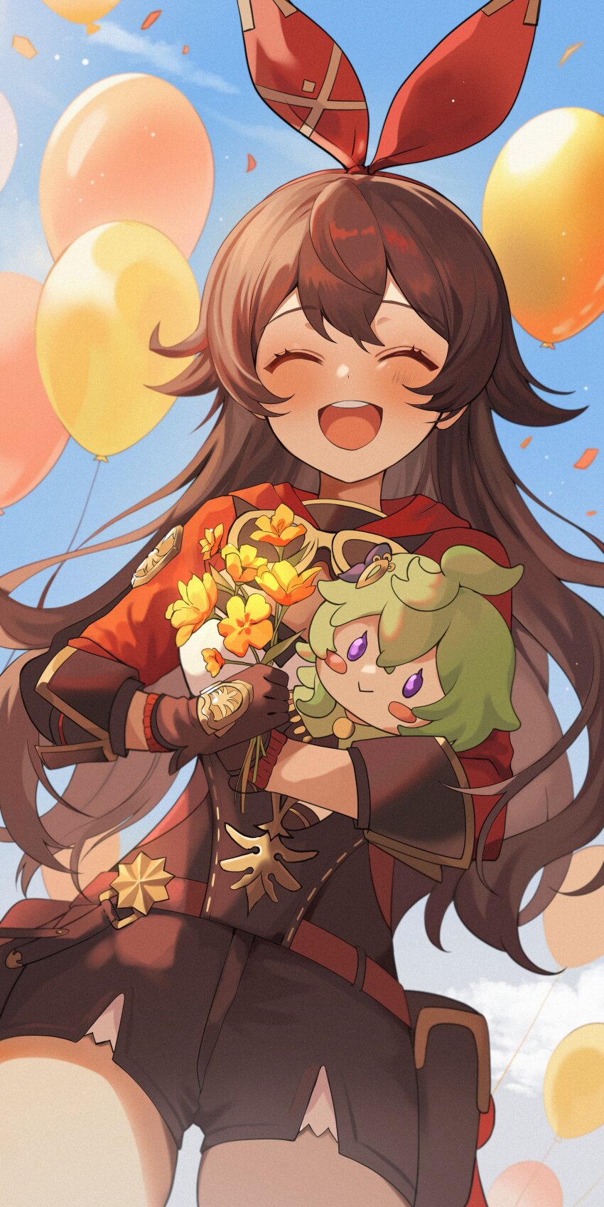 1girl, absurdres, amber_(genshin_impact), balloon, breasts, brown_gloves, brown_hair, brown_shorts