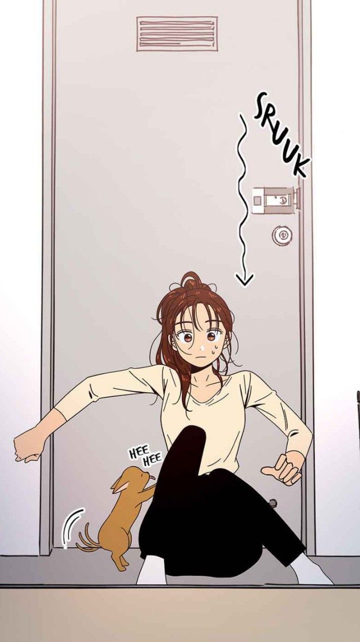 black_pants, brown_eyes, brown_hair, closed_mouth, embarrassed, highres, jin_gaeul, long_hair, pants, seasons_of_blossom, shirt, sitting, sitting_on_person, sound_effects, very_long_hair, yellow_shirt