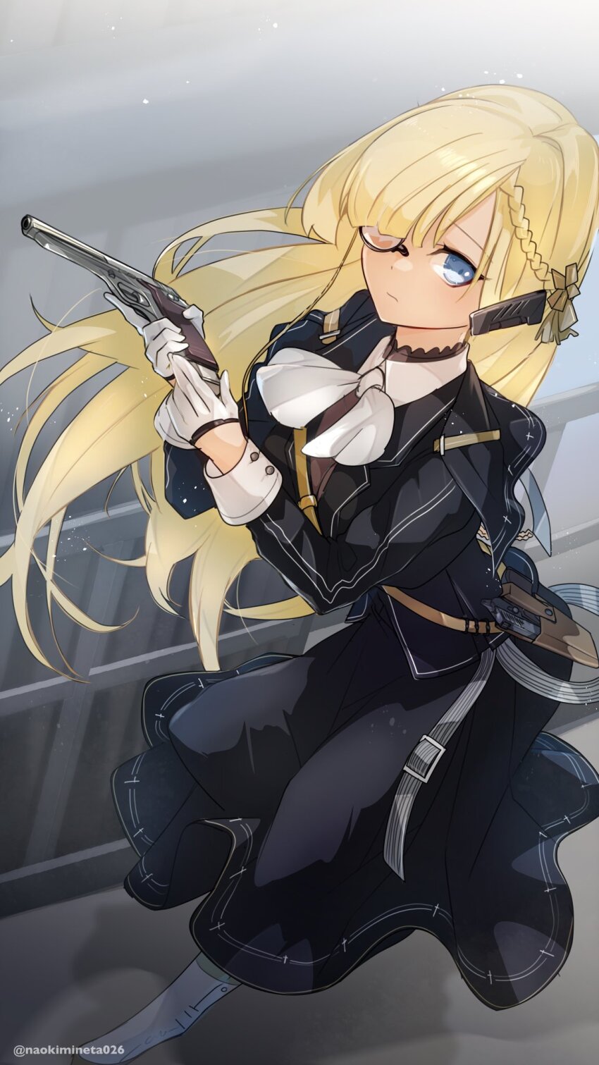 1girl, black_dress, blue_eyes, braid, cz52_(girls'_frontline), cz_52, dress, expressionless