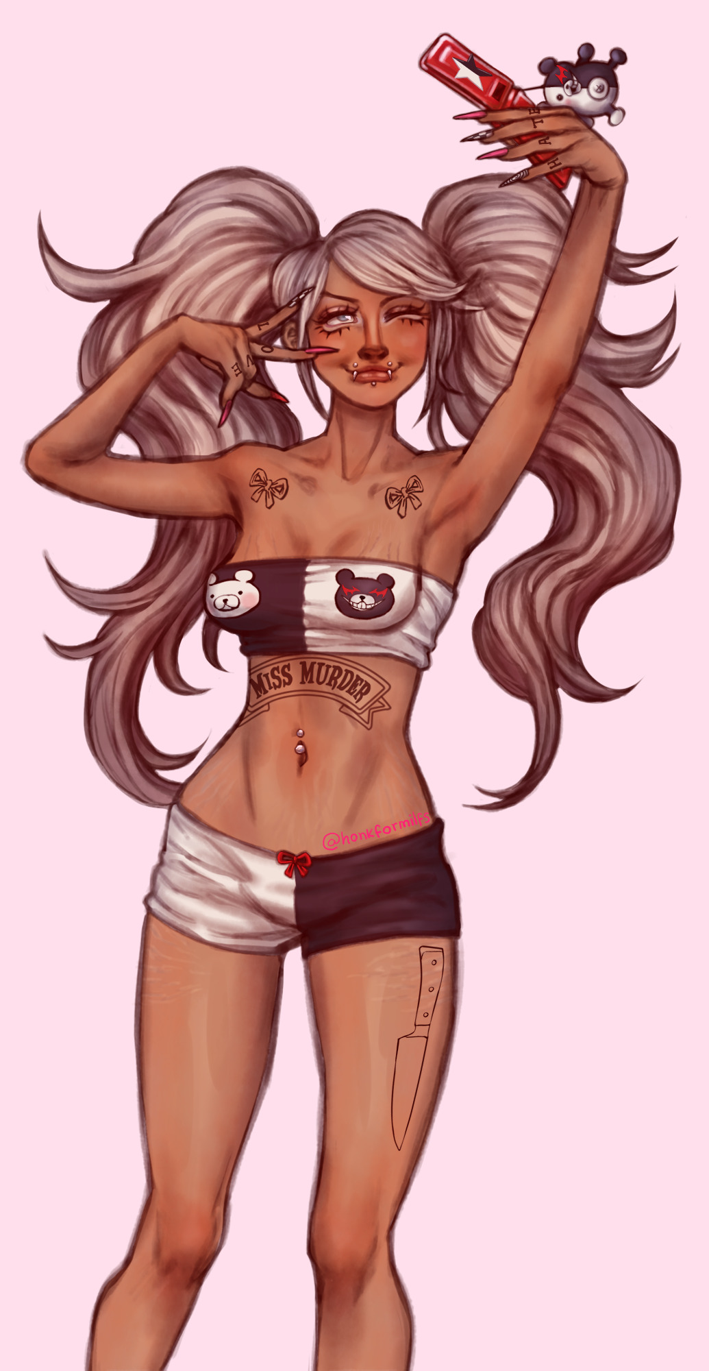 1girl, arm_up, armpits, artist_name, black_nails, black_panties, black_shirt, black_tube_top, blonde_hair, bow, bow_tattoo, boyshort_panties, cellphone, cellphone_charm, charm_(object), collarbone, danganronpa:_trigger_happy_havoc, danganronpa_(series), dark-skinned_female, dark_skin, enoshima_junko, eyelashes, face_piercing, fake_nails, female_focus, finger_tattoo, fingernails, flip_phone, grey_eyes, gyaru, hand_tattoo, hand_up, highres, holding, holding_phone, honkformilfs, leg_tattoo, lip_piercing, long_hair, looking_up, monokuma, multicolored_panties, multicolored_shirt, multicolored_tube_top, navel_piercing, one_eye_closed, panties, phone, piercing, pink_nails, red_bow, selfie, shirt, shoulder_tattoo, signature, simple_background, smile, snakebite_(piercing), solo, star_(symbol), stomach_tattoo, strapless, stretch_marks, tan, tattoo, tattoo_on_hand, tube_top, twintails, underwear, white_panties, white_shirt, white_tube_top