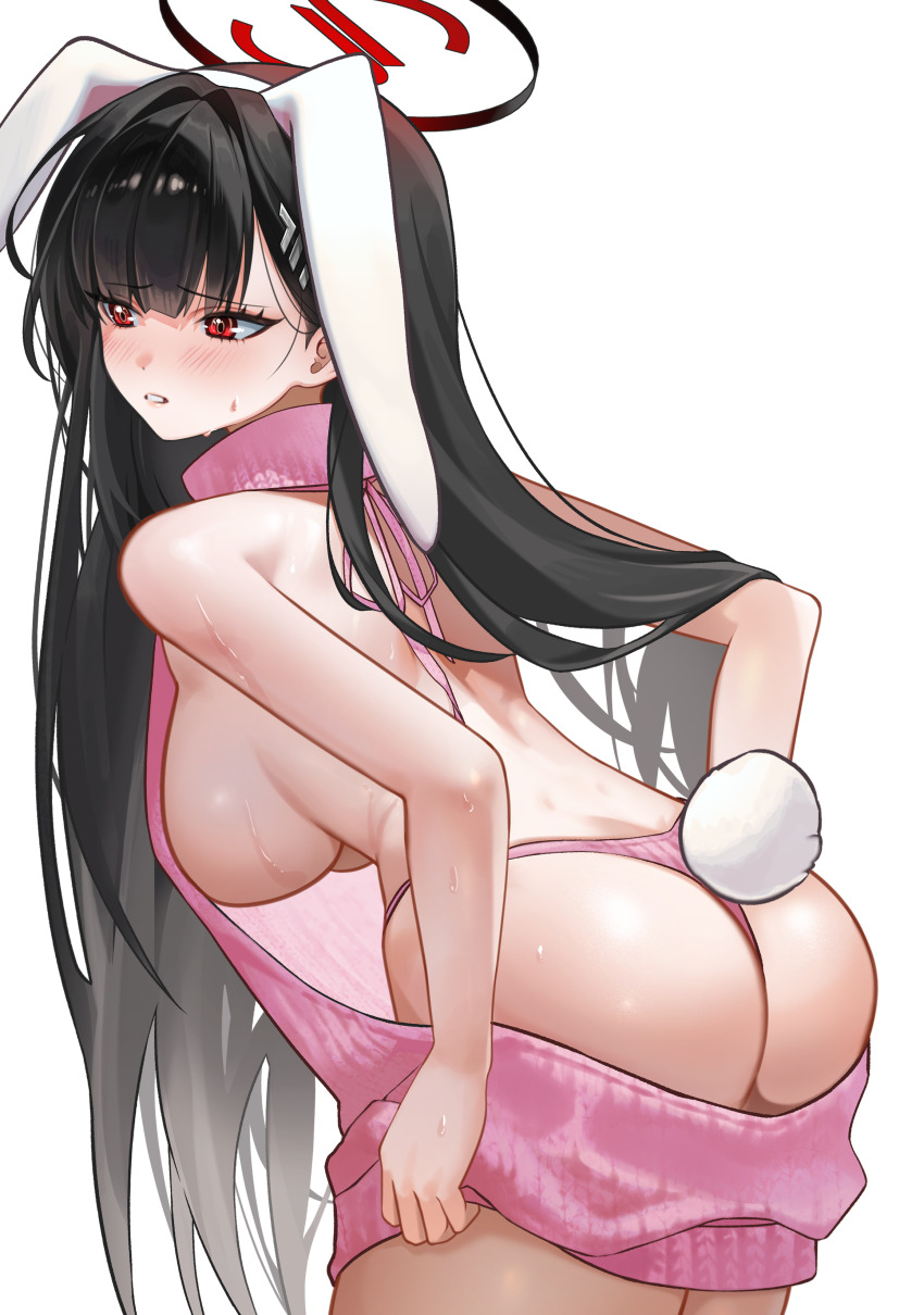 1girl, absurdres, alternate_costume, animal_ears, ass, backless_outfit, black_hair, blue_archive, blush, breasts, bright_pupils, cowboy_shot, daehoak, dress, fake_animal_ears, fake_tail, from_behind, furrowed_brow, hair_ornament, hairpin, halo, highres, holding_own_dress, leaning_forward, long_hair, medium_breasts, open_mouth, panties, parted_lips, pink_panties, pink_sweater, rabbit_ears, rabbit_tail, red_eyes, rio_(blue_archive), sideboob, simple_background, solo, sweater, sweater_dress, tail, thong, underwear, virgin_killer_sweater, white_background, white_pupils