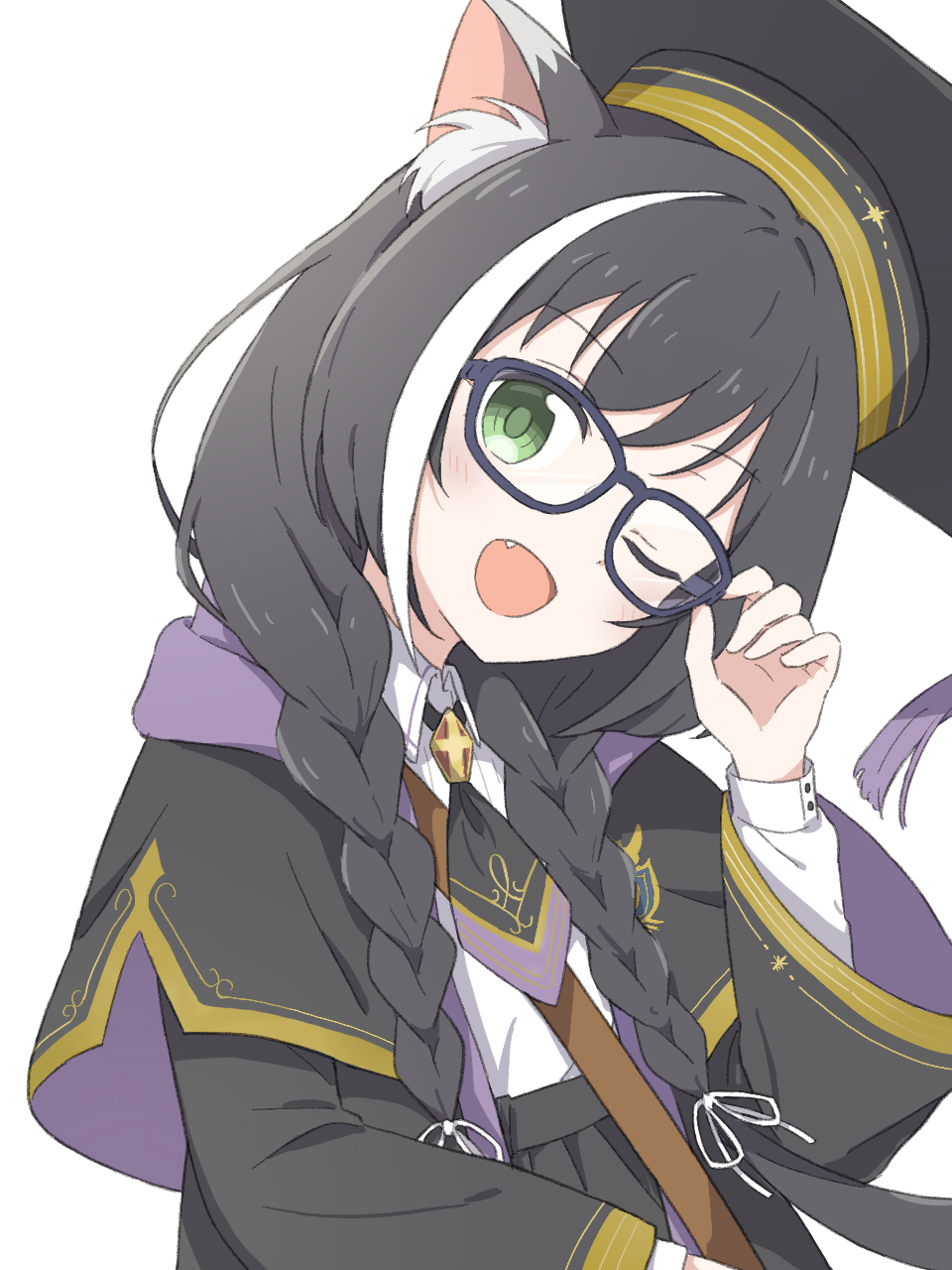 1girl, adjusting_eyewear, animal_ear_fluff, animal_ears, black_hair, black_robe, black_skirt, blue-framed_eyewear