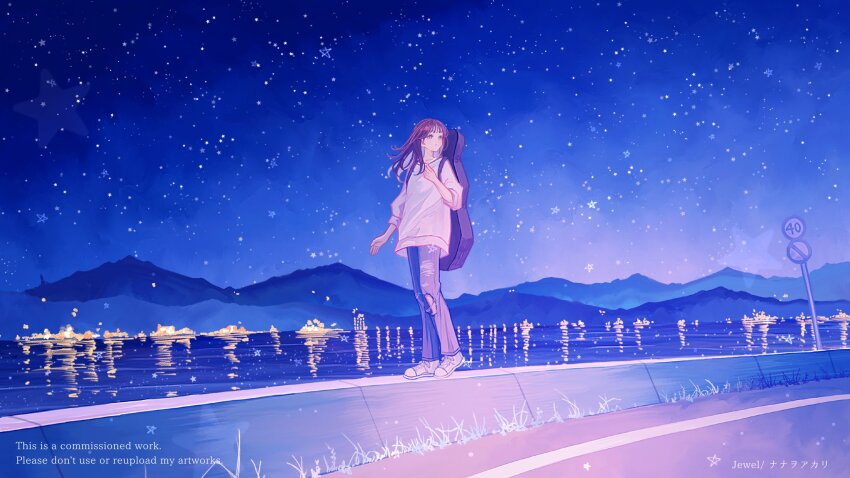 1girl, arm_at_side, artist_name, black_pants, brown_eyes, brown_hair, choppy_bangs, city_lights