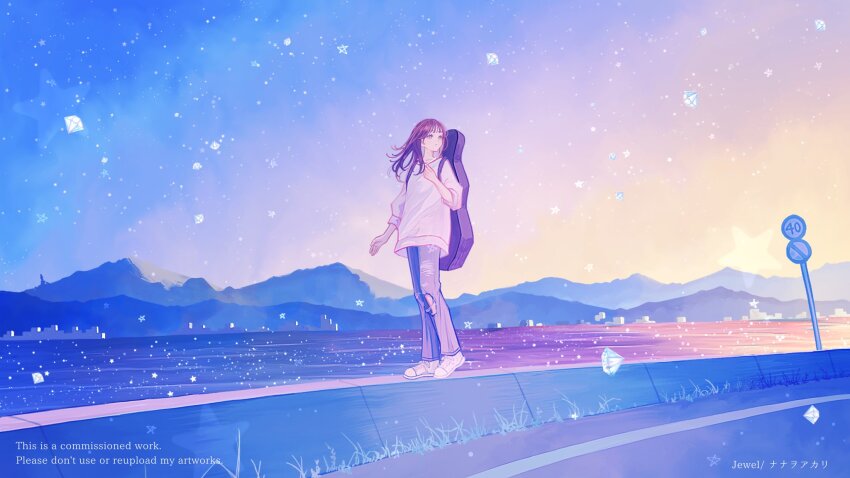 1girl, arm_at_side, artist_name, black_pants, brown_eyes, brown_hair, choppy_bangs, denim