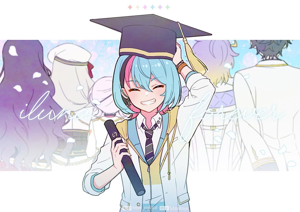 3boys, 3girls, ^_^, aia_amare, aqua_hair, aqua_hoodie, arm_up, artist_name