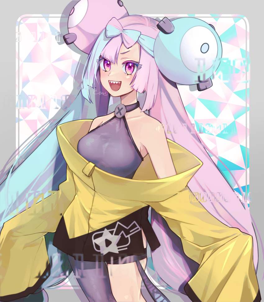 1girl, absurdres, blue_eyes, blurry, bow-shaped_hair, breasts, character_hair_ornament, depth_of_field, gen_1_pokemon, hair_ornament, hand_up, highres, iono_(pokemon), jacket, long_hair, long_sleeves, looking_at_viewer, low-tied_long_hair, magnemite, multicolored_hair, nintendo, open_mouth, oversized_clothes, pokemon, pokemon_scarlet_and_violet, sharp_teeth, single_leg_pantyhose, sleeves_past_fingers, sleeves_past_wrists, smile, split-color_hair, teeth, two-tone_hair, yamada_momoyama, yellow_jacket