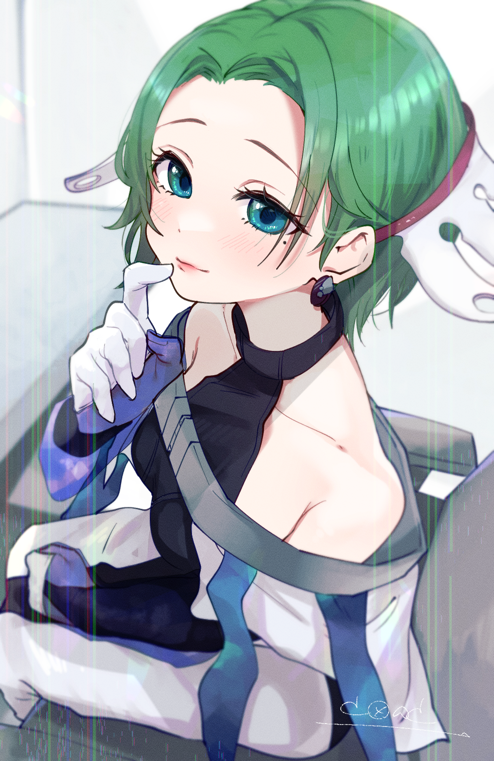 1girl, bare_shoulders, blue_eyes, dress, gloves, gnosia, green_hair, highres
