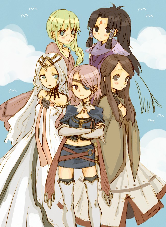 5girls, black_hair, blue_eyes, brown_eyes, brown_hair, dress, eno_(8-23), eyepatch, felicity, glasses, harvest_moon, long_hair, lynette_(rune_factory), mei_(rune_factory), miniskirt, multiple_girls, pink_hair, rune_factory, rune_factory_1, sharron, skirt, thighhighs, tiara, tori_(rune_factory), white_hair