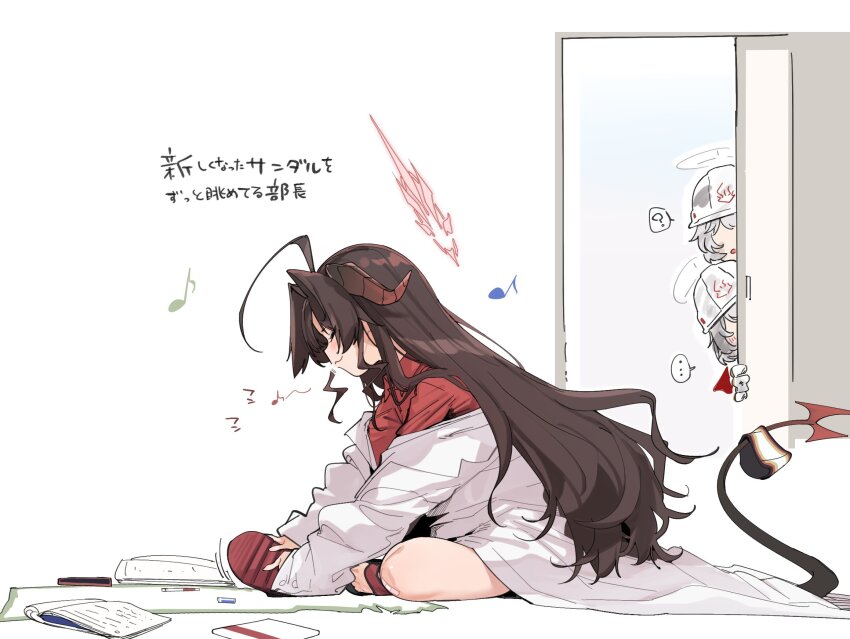 ..., 3girls, ?, ahoge, black_hair, black_horns, black_tail, blue_archive