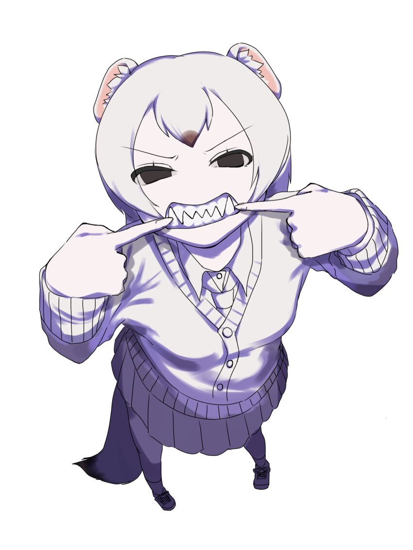 1girl, animal_ears, black_eyes, brown_hair, buttons, cardigan, clenched_teeth, collared_shirt