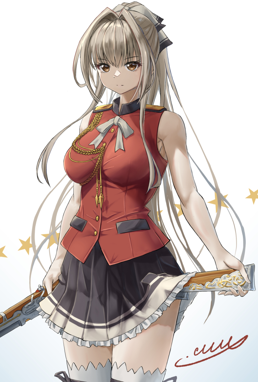 1girl, amagi_brilliant_park, black_skirt, brown_eyes, brown_hair, cowboy_shot, drawing_gun, eyelashes