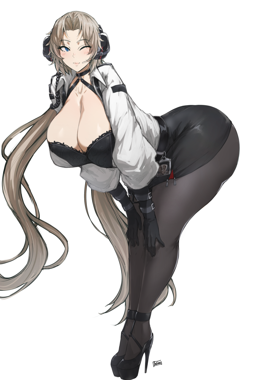 1girl, alternate_costume, azur_lane, batako_(batakoart), belt, bent_over, black_belt, black_bra, black_gloves, black_pantyhose, black_skirt, blue_eyes, blush, bra, breasts, cleavage, closed_mouth, collarbone, curvy, full_body, gloves, grey_hair, hands_on_own_knees, headset, high_heels, highres, huge_breasts, kronshtadt_(azur_lane), kronshtadt_(begin_the_rush!)_(azur_lane), long_hair, long_sleeves, looking_to_the_side, mature_female, official_alternate_costume, one_eye_closed, pantyhose, pencil_skirt, shirt, shirt_tucked_in, simple_background, skirt, solo, standing, thick_thighs, thighs, unbuttoned, unbuttoned_shirt, underwear, very_long_hair, white_background, white_shirt