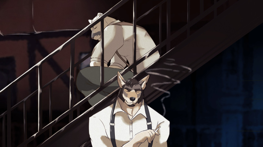 2boys, 617foreverwithy, against_wall, animal_ears, animated, animated_gif, bara, cigarette, closed_eyes, collared_shirt, facial_hair, furry, furry_male, highres, holding, holding_cigarette, male_focus, mature_male, multiple_boys, muscular, muscular_male, mutton_chops, panther_boy, panther_ears, profile, samuel_ayers_(the_smoke_room), shirt, sitting, smoke, suspenders, the_smoke_room, thick_eyebrows, upper_body, william_adler_(the_smoke_room)
