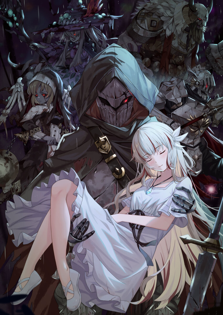 3boys, 3girls, absurdres, armor, ball_and_chain_(weapon), beard, black_cloak, black_ribbon