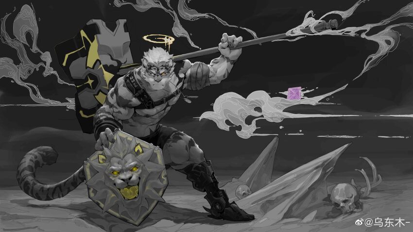 1boy, abs, absurdres, animal_ears, artist_request, bara, bare_pectorals, chest_harness