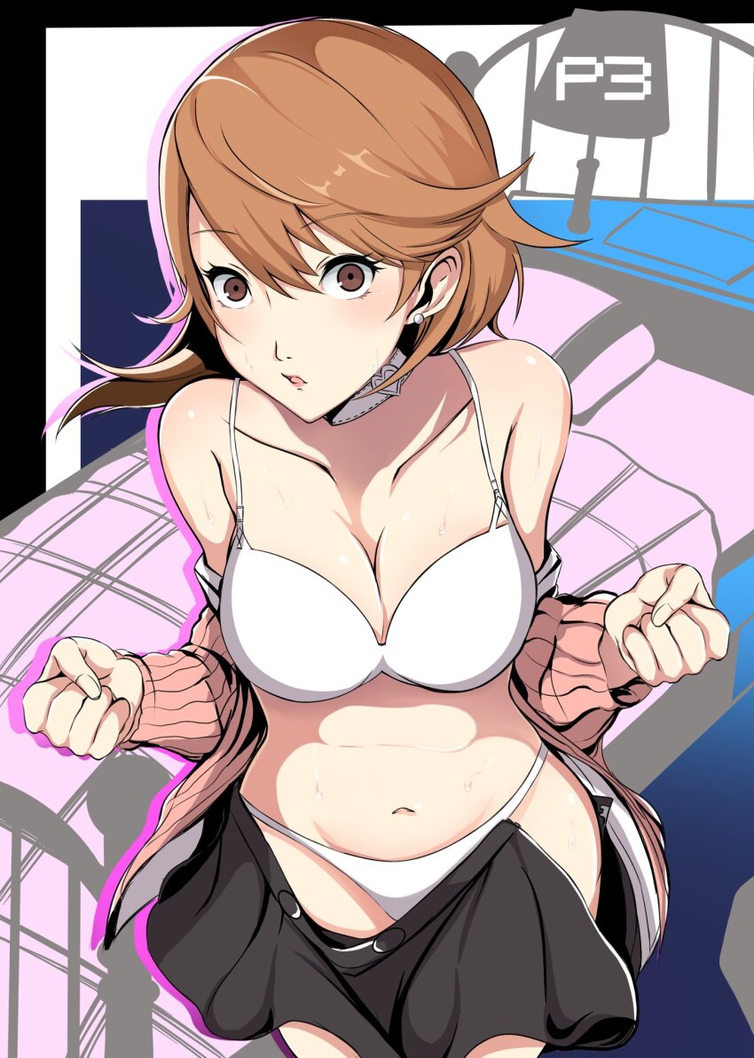 1girl, bare_shoulders, bed, black_skirt, bra, breasts, brown_eyes, brown_hair, cardigan, choker, cleavage, clenched_hands, commentary_request, cowboy_shot, desk_lamp, earrings, hair_between_eyes, heart, heart_choker, highres, indoors, jewelry, lamp, large_breasts, light_blush, long_sleeves, looking_at_viewer, midriff, navel, nenemu0, open_cardigan, open_clothes, open_shirt, panties, parted_lips, pearl_earrings, persona, persona_3, pink_cardigan, shirt, short_hair, skirt, solo, stomach, stud_earrings, sweat, sweatdrop, swept_bangs, takeba_yukari, underwear, undressing, white_bra, white_choker, white_panties, white_shirt