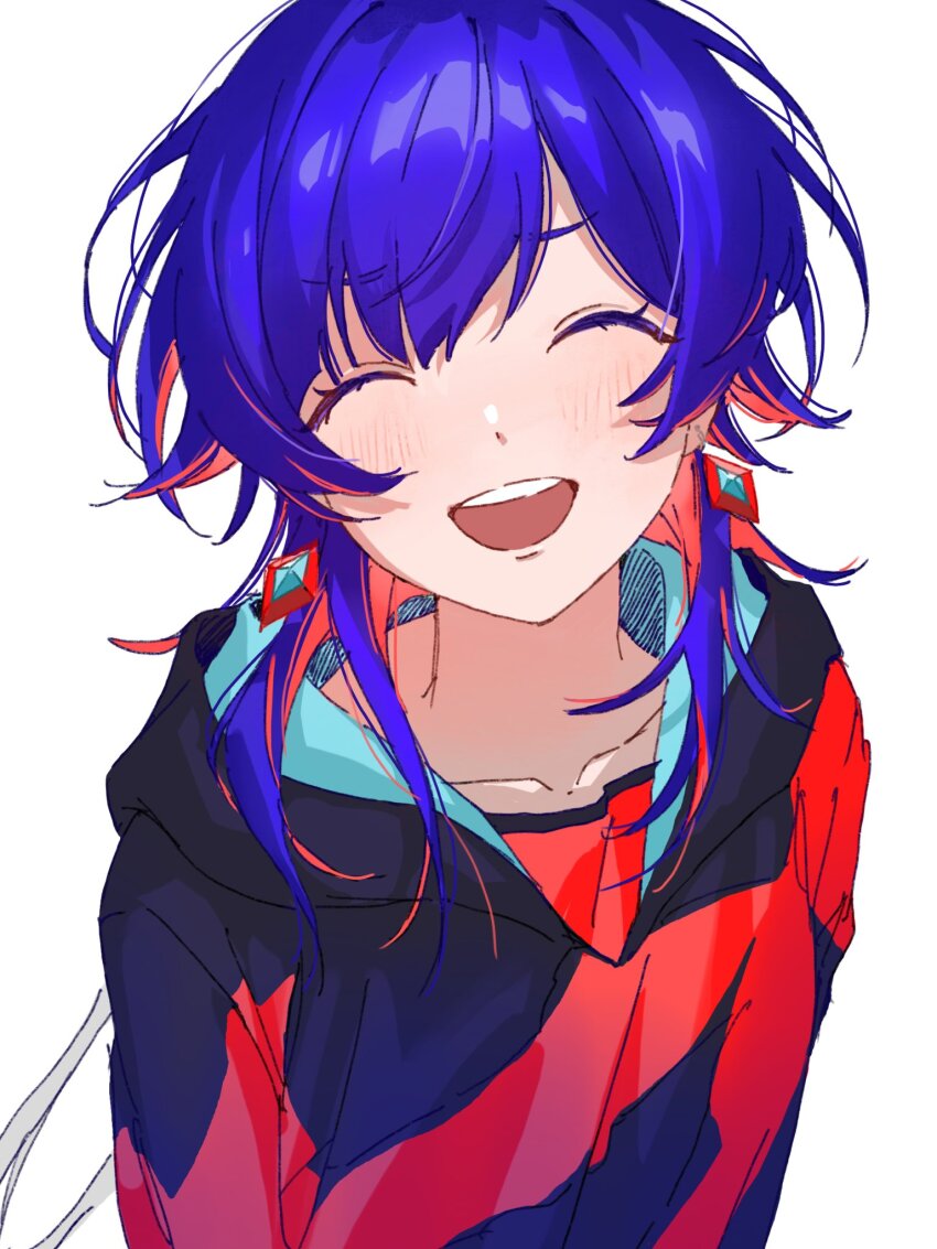 1girl, :d, arms_at_sides, black_jacket, blush, closed_eyes, collarbone, dot_nose