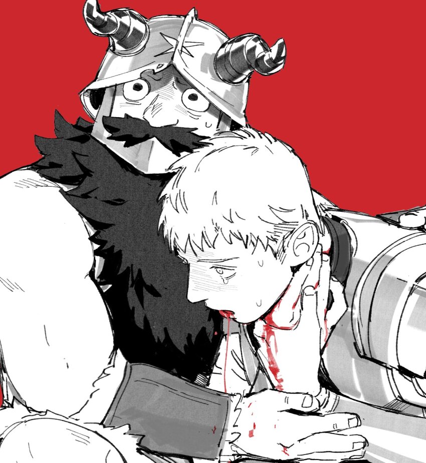 2boys, armor, beard, blood, blood_from_mouth, blood_on_hands, blood_stain, bracer