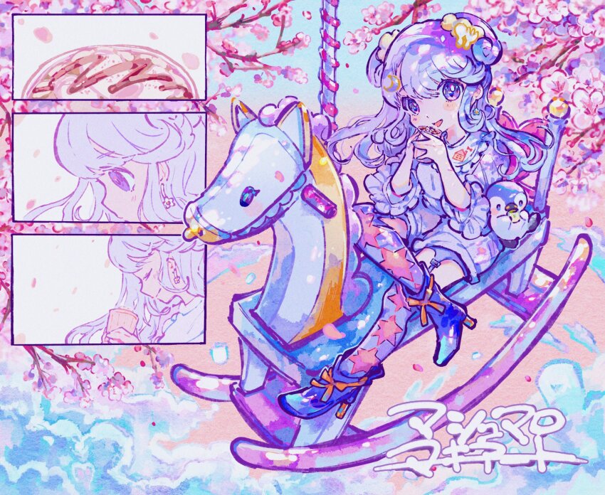 1girl, artist_self-insert, bird, blue_footwear, boots, cherry_blossoms, commentary_request, crescent, crescent_hair_ornament, cup, drinking, flower, food, full_body, hair_ornament, hands_up, high_heel_boots, high_heels, highres, holding, holding_cup, kiato, kuishinbo_akachan, long_hair, looking_at_viewer, marshmallow, marshmallow_macchiato, multiple_views, open_mouth, penguin, pink_flower, profile, purple_eyes, purple_hair, purple_thighhighs, rocking_horse, sitting, smile, song_name, thighhighs, two_side_up, yunomi_(musician)