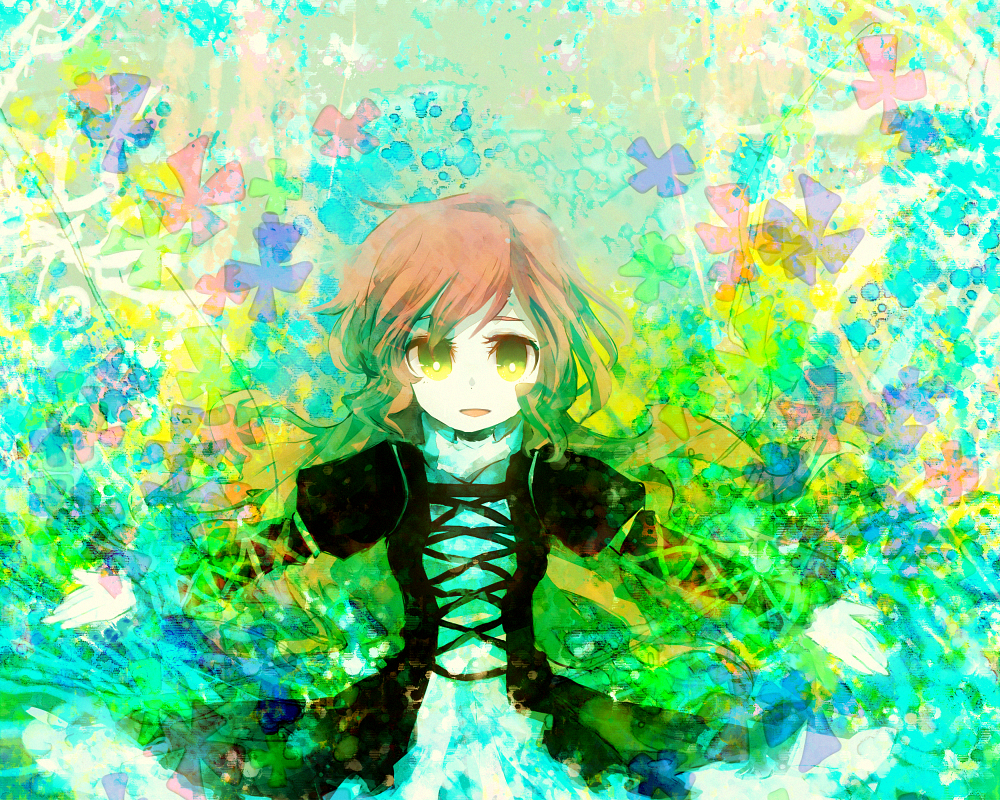 1girl, bad_id, bad_pixiv_id, brown_hair, danmaku, dress, female_focus, flower