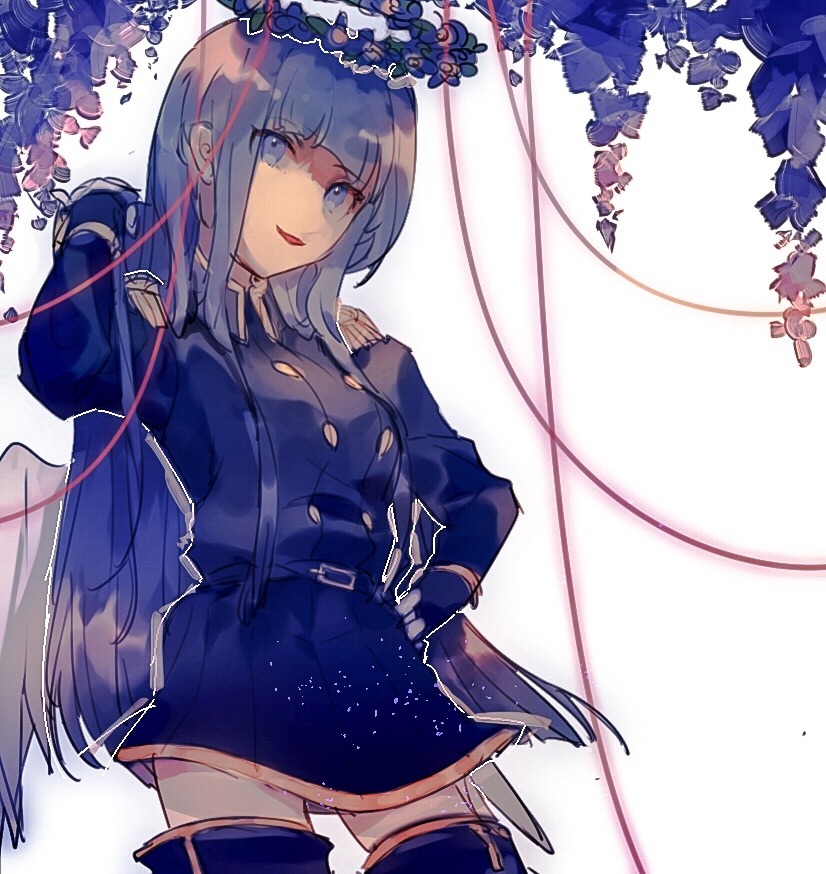 1girl, angel, blue_eyes, blue_hair, blunt_bangs, boots, funamusea, head_wreath