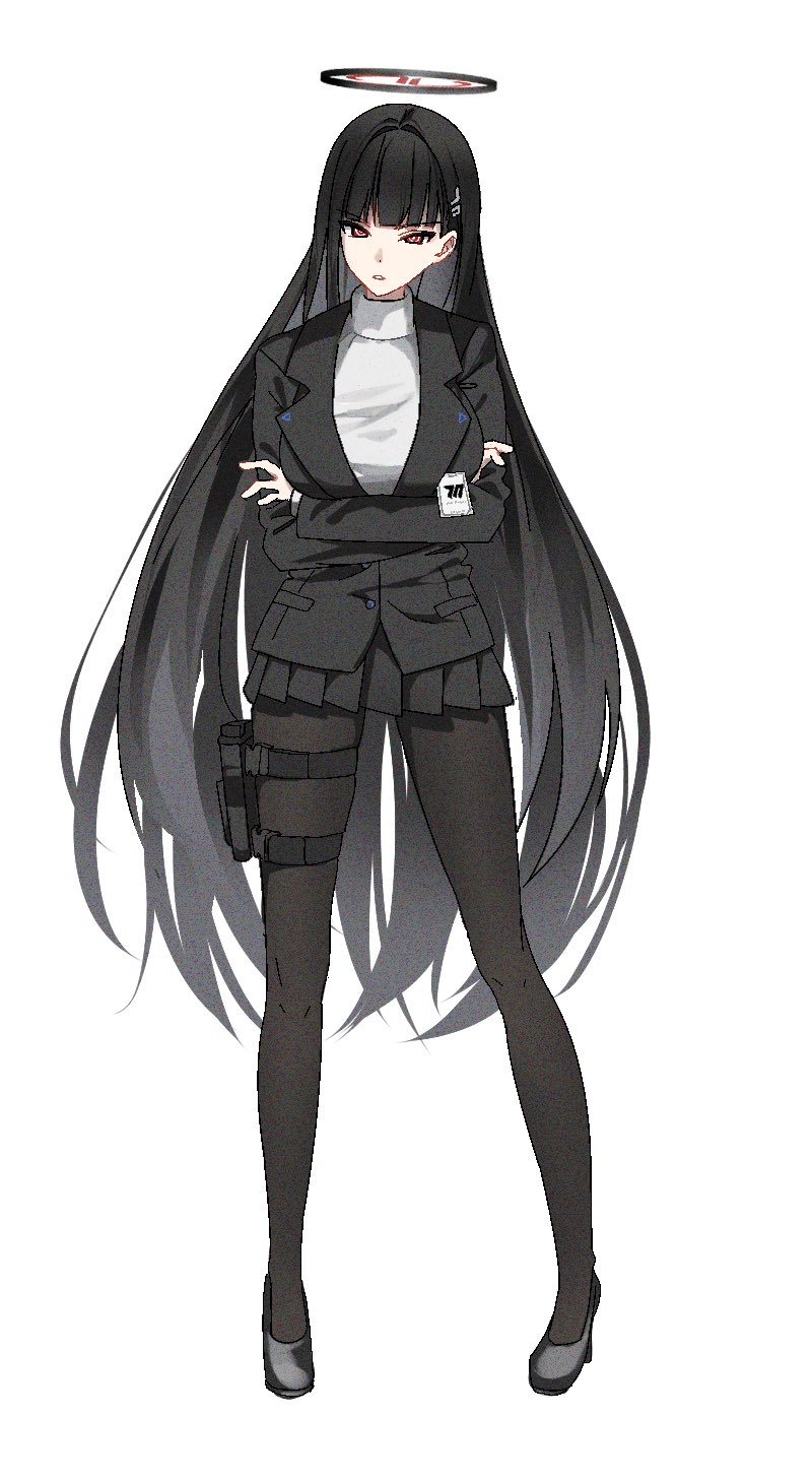 1girl, 7ben9i, black_footwear, black_hair, black_pantyhose, black_skirt, blue_archive, breasts