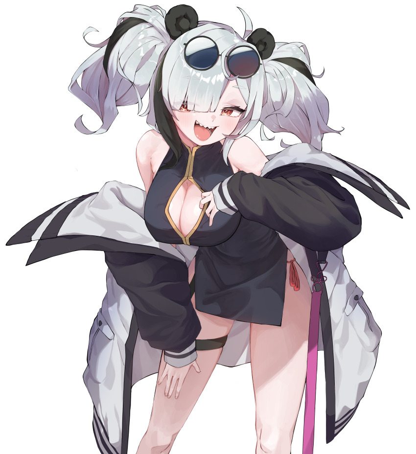 1girl, absurdres, animal_ears, arknights, breasts, cleavage, cleavage_cutout, clothing_cutout, eyewear_on_head, feater_(arknights), highres, jacket, multicolored_hair, open_clothes, open_jacket, open_mouth, panda_ears, panda_girl, red_eyes, simple_background, smile, solo, thigh_strap, ttubbip, two-tone_hair, two_side_up, white_background
