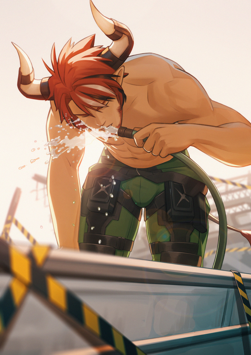1boy, abs, absurdres, animal_ears, arknights, bara, beard, bulge
