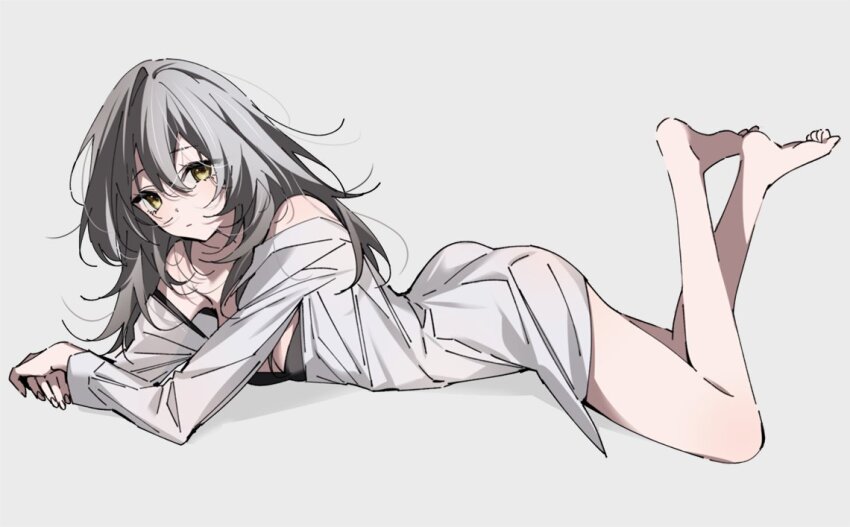 1girl, arm_support, ass, bare_shoulders, barefoot, black_camisole, blush, camisole, closed_mouth, crossed_ankles, dlckrpwjd111, dot_nose, expressionless, feet, feet_up, from_side, grey_hair, hair_between_eyes, honkai:_star_rail, honkai_(series), long_hair, long_sleeves, looking_at_viewer, lying, no_pants, off_shoulder, on_stomach, own_hands_together, shirt, simple_background, solo, stelle_(honkai:_star_rail), toes, trailblazer_(honkai:_star_rail), white_background, white_shirt, yellow_eyes