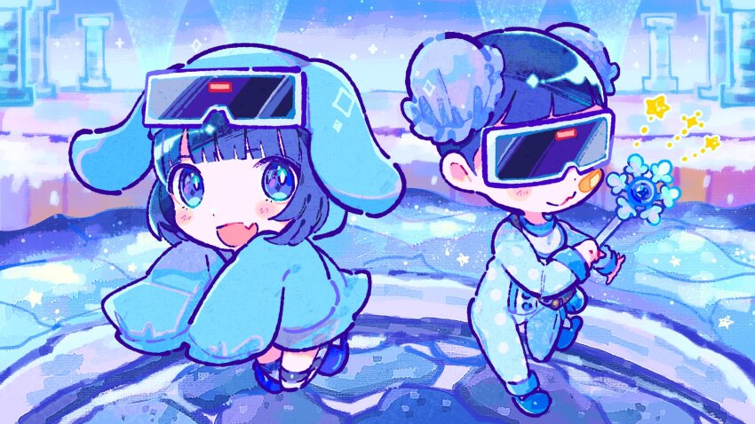 1boy, 1girl, animal_hood, blue_background, blue_eyes, blue_hair, blue_hoodie, blue_theme