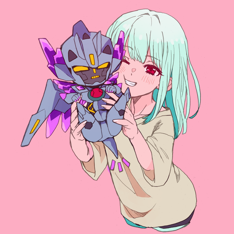 1girl, chibi, mecha, red_eyes, robot, shirt, simple_background, superbia_(bravern)