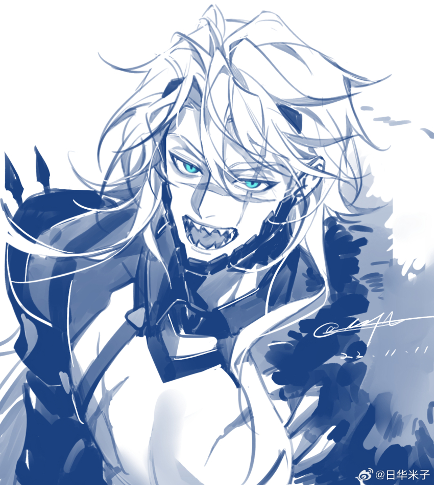 1boy, alchemy_stars, bare_pectorals, barton_(alchemy_stars), blue_eyes, blue_theme, chest_harness, cross_scar