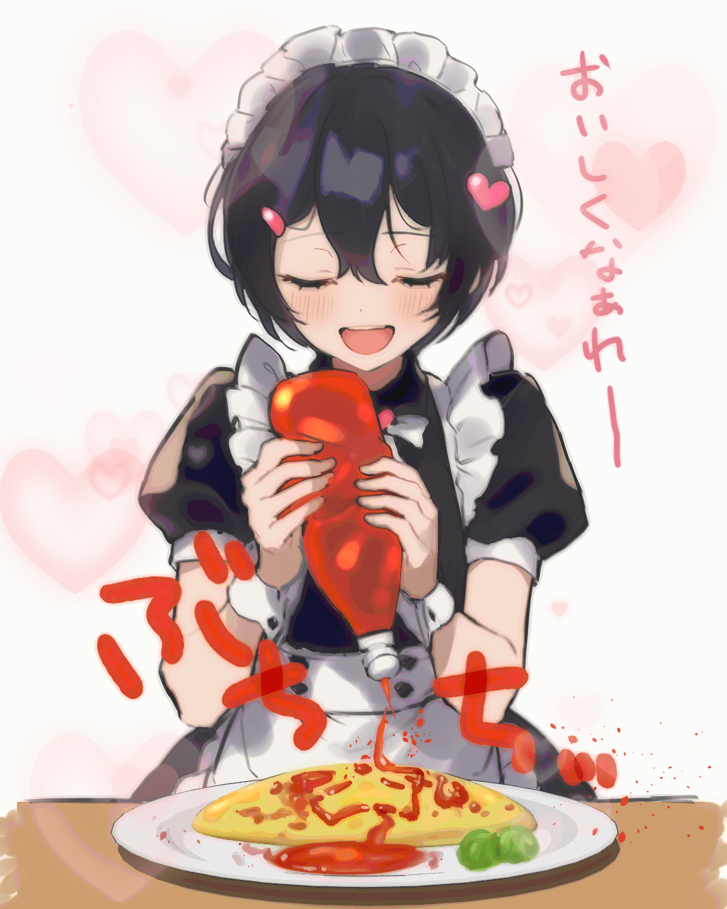 1boy, apron, black_dress, black_hair, closed_eyes, commentary_request, crossdressing, crossdressing_(mtf)