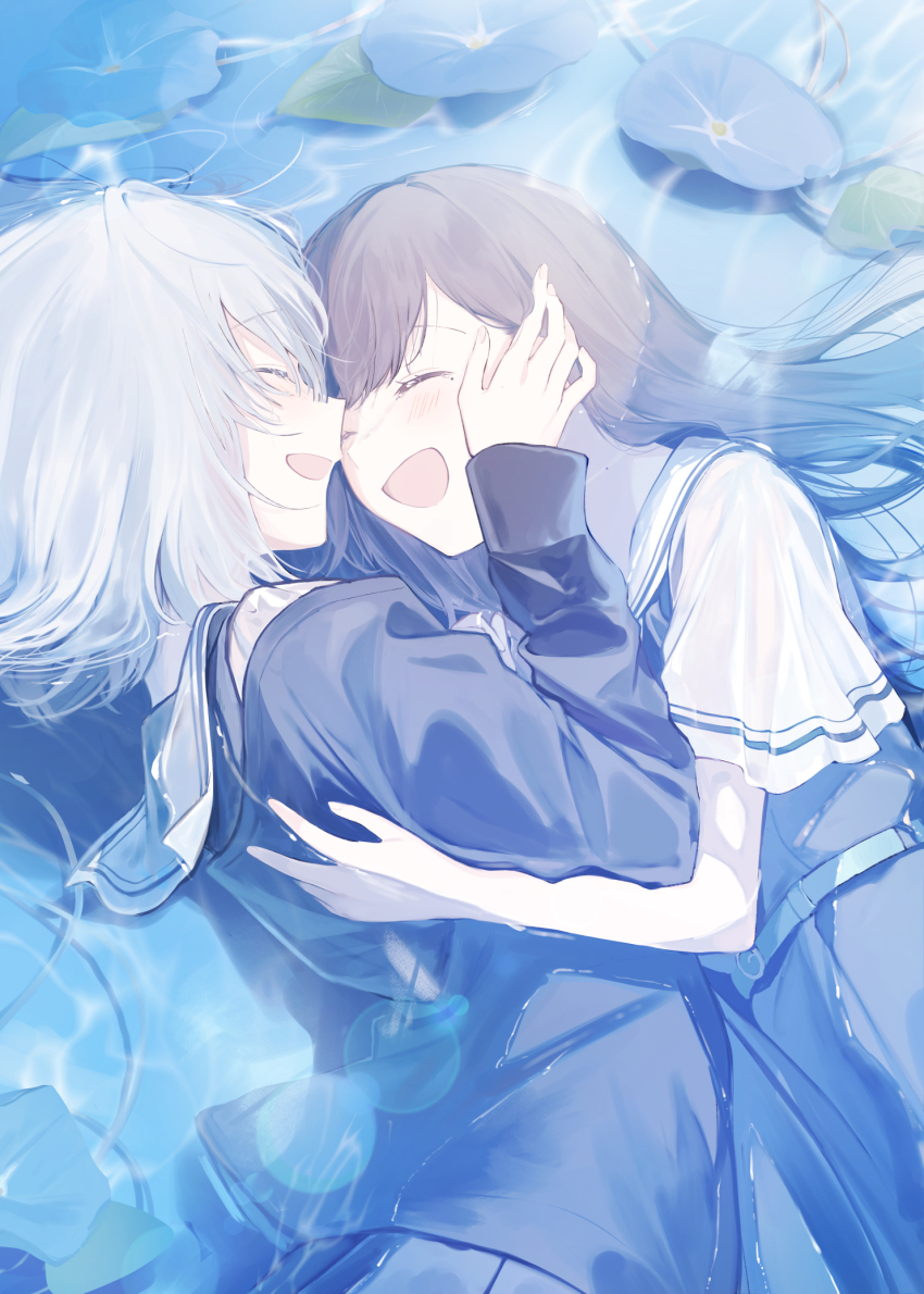 2girls, asaka_kaori, belt, black_cardigan, blue_belt, blue_dress, blush, brown_hair