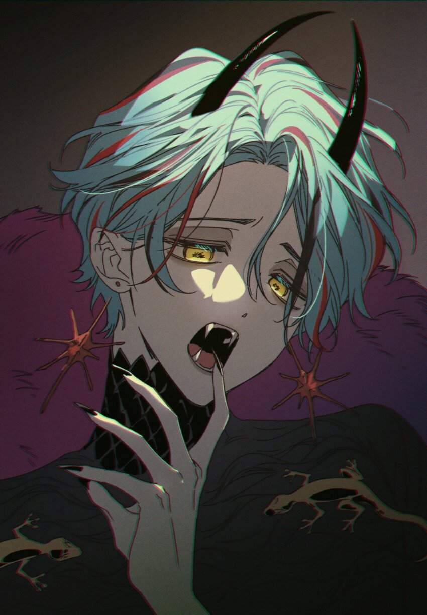 1boy, animal_print, aqua_hair, black_hair, black_horns, black_nails, charisma_house, colored_eyelashes