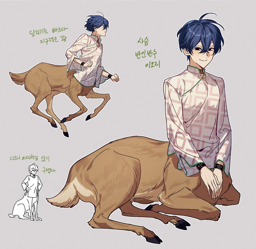 1boy, ahoge, black_eyes, blue_hair, bracelet, brown_fur, centauroid, changpao