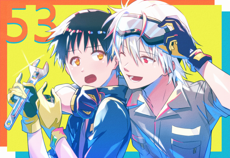 2boys, arm_around_neck, black_hair, gloves, goggles, goggles_on_head, grey_hair, ikari_shinji