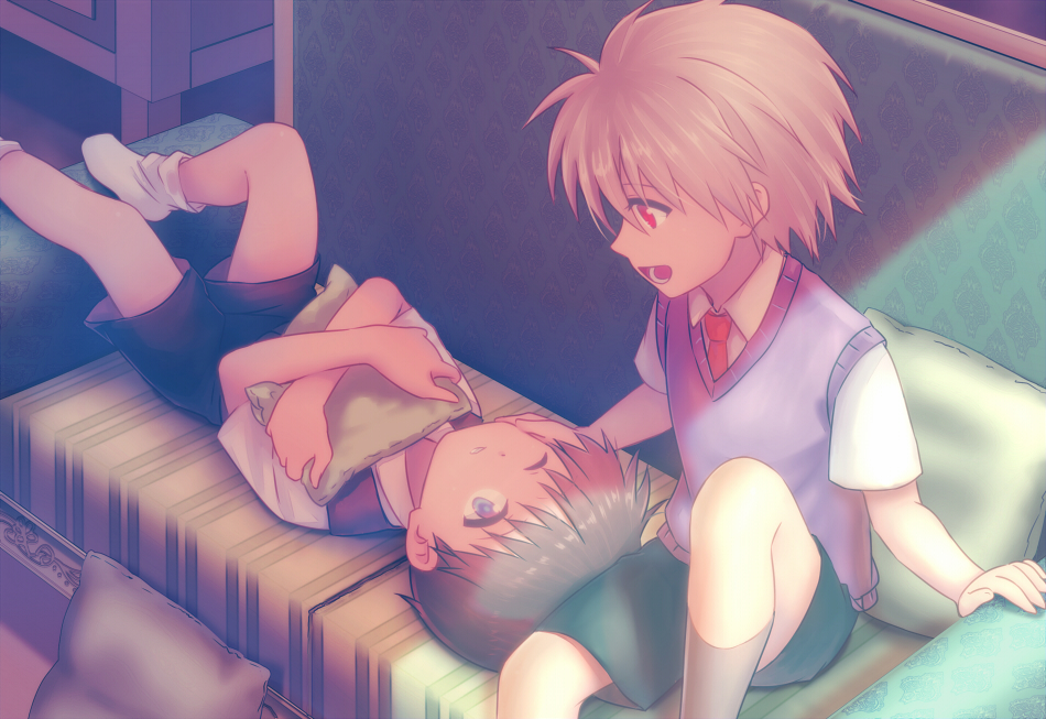 2boys, aged_down, blue_eyes, brown_hair, child, couch, grey_hair, hugging_object, ikari_shinji, looking_at_another, lying, male_focus, multiple_boys, nagisa_kaworu, necktie, neon_genesis_evangelion, on_back, one_eye_closed, pillow, pillow_hug, red_eyes, rosareah, socks, sweater_vest